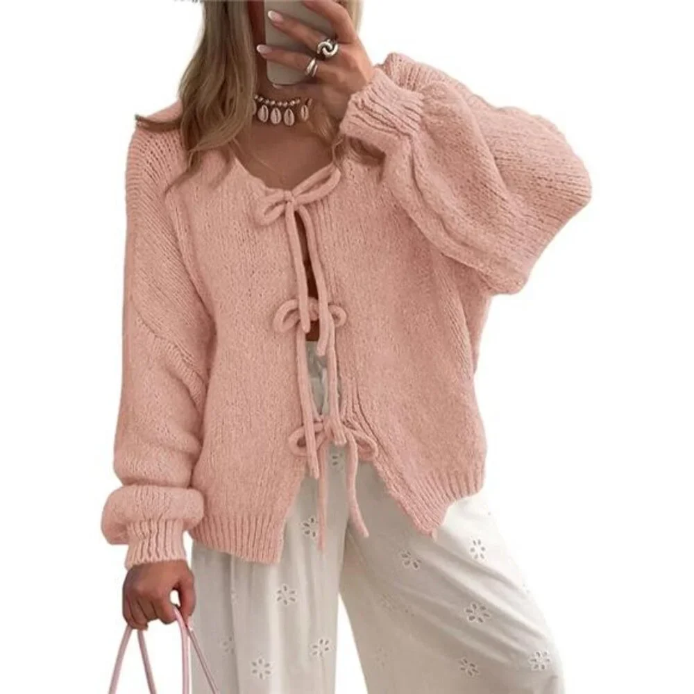 Women's Tie Front Bow Cardigan Sweaters Chunky Knit Long Puff - Picture 7 of 7